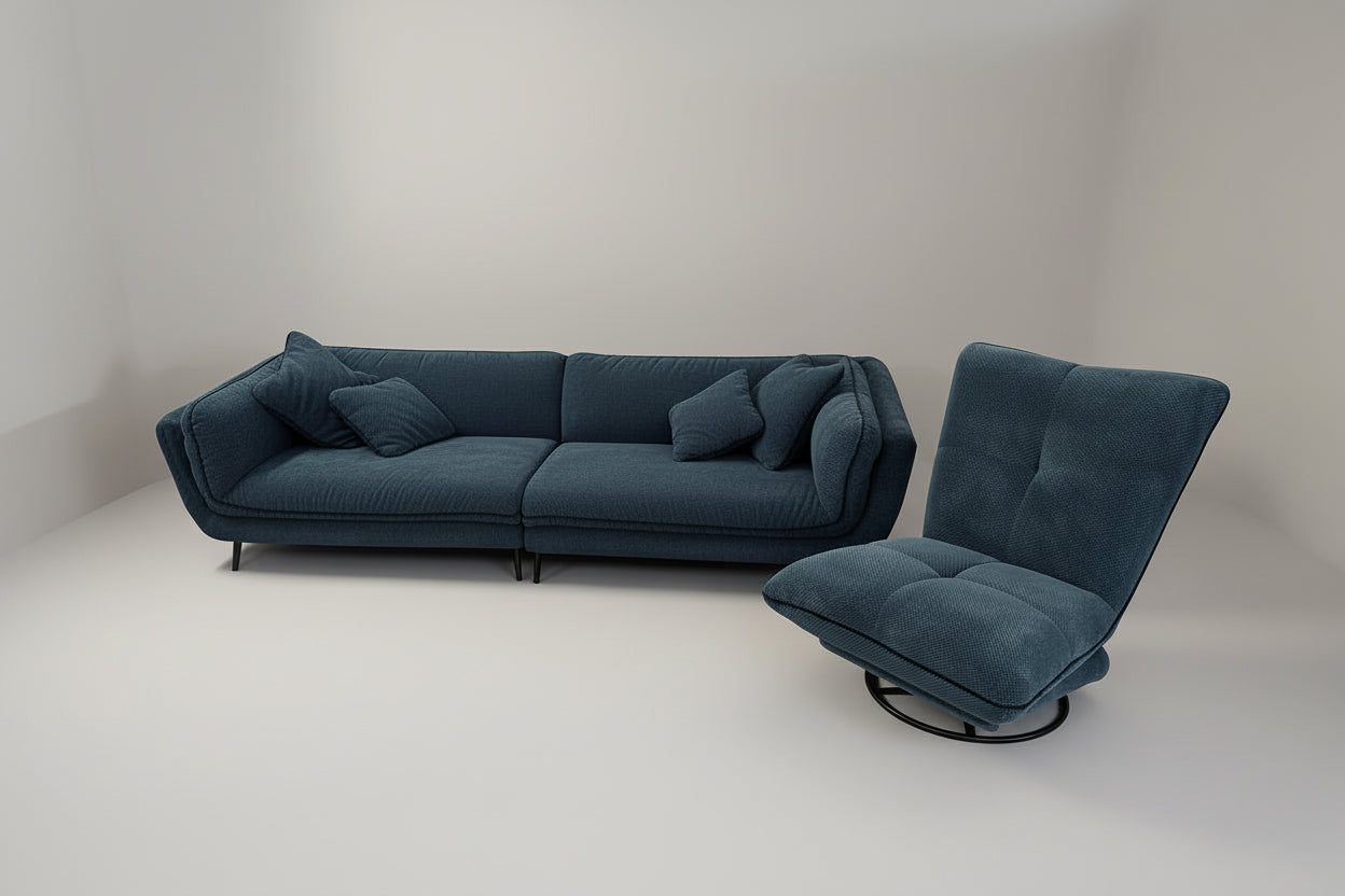 Big Sofa + Sessel / Schaukelsessel in Webstoff Blau - POLSTEROASE