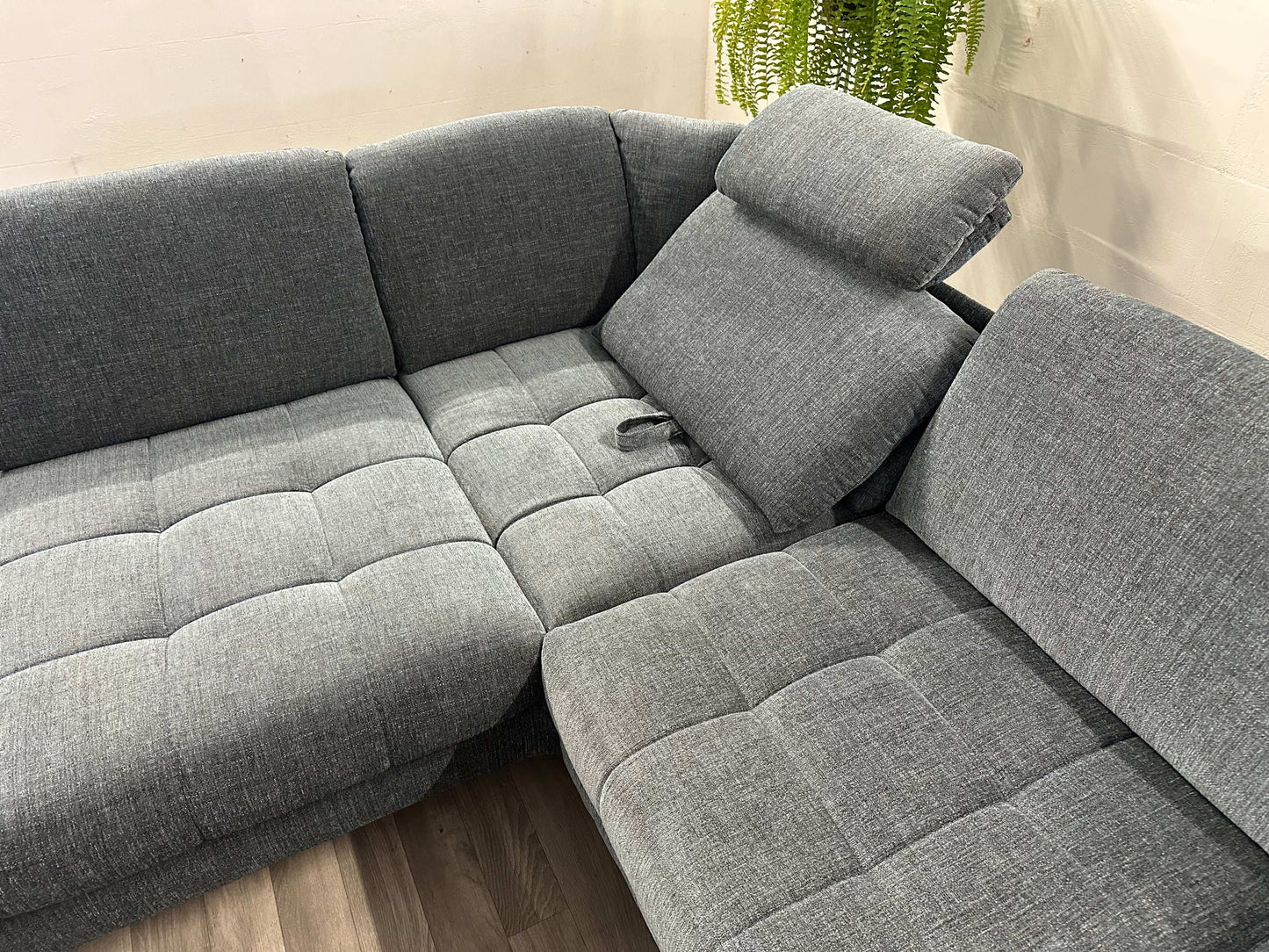Ecksofa L-Form mit Schlaffunktion, Bettkasten + Relaxfunktion in Webstoff Blau