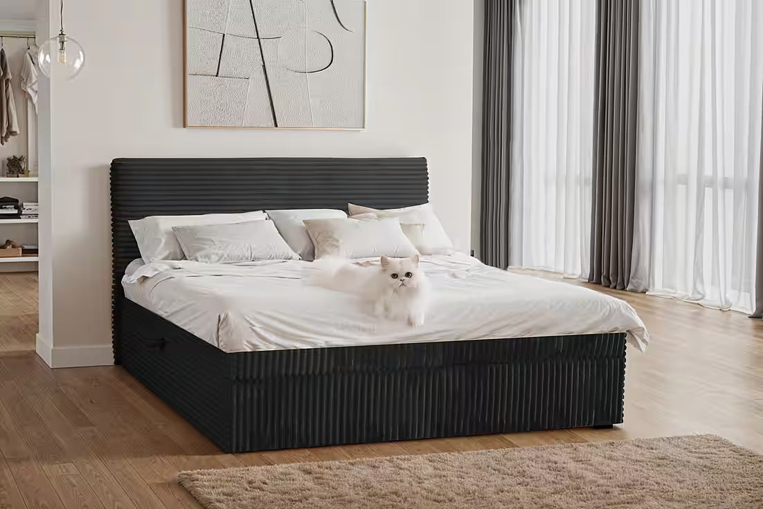 Boxspringbett Toulouse 200x200 cm mit Bettkasten, Topper und Bonellmatratze in Breitcord