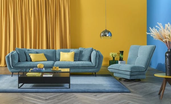 Big Sofa + Sessel / Schaukelsessel in Webstoff Blau - POLSTEROASE
