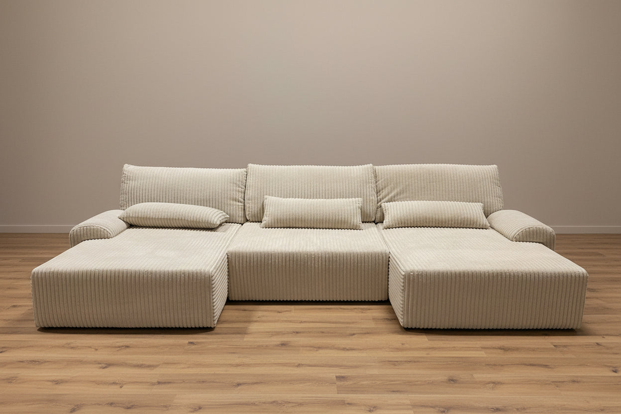 Wohnlandschaft mit Schlaffunktion in Breitcord Beige - POLSTEROASE