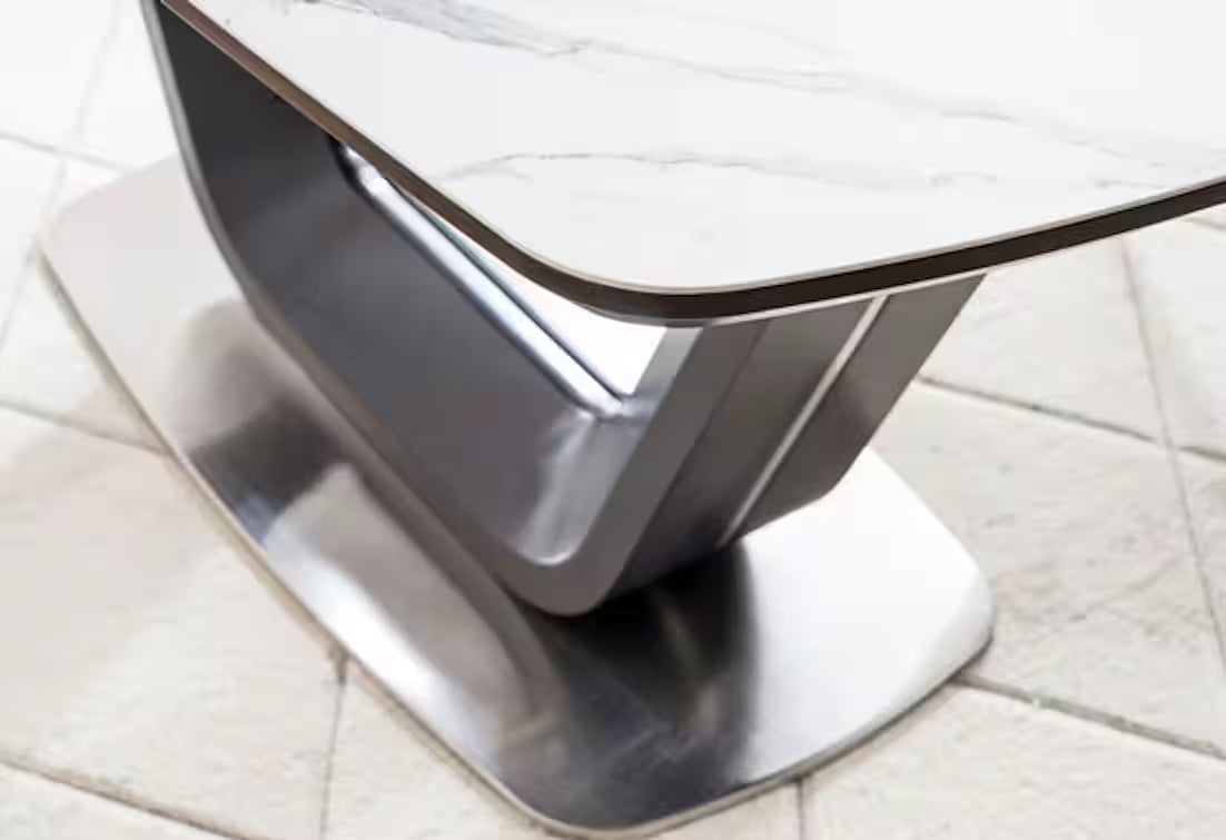 ARMELO Esstisch 160–220 cm – Design Keramiktisch ausziehbar (Marmor Weiß / Schwarz Matt)