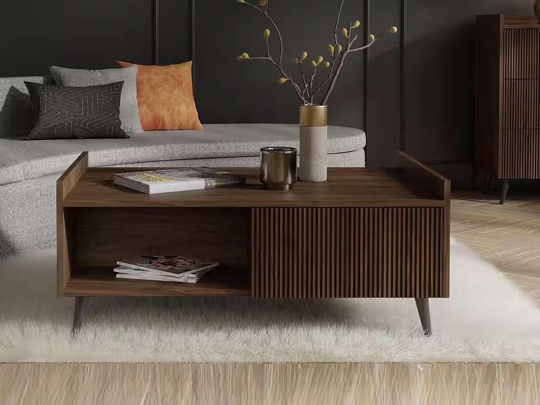 AVEN Couchtisch 100 cm – Design Kaffeetisch mit Schublade & Stauraum (Kaschmir/Nussbaum)