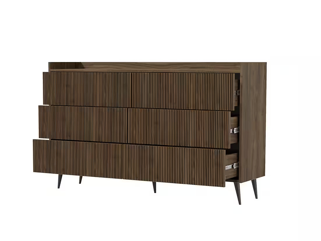 AVEN Kommode 137 cm – Design Sideboard mit 6 Schubladen (Kaschmir/Nussbaum)