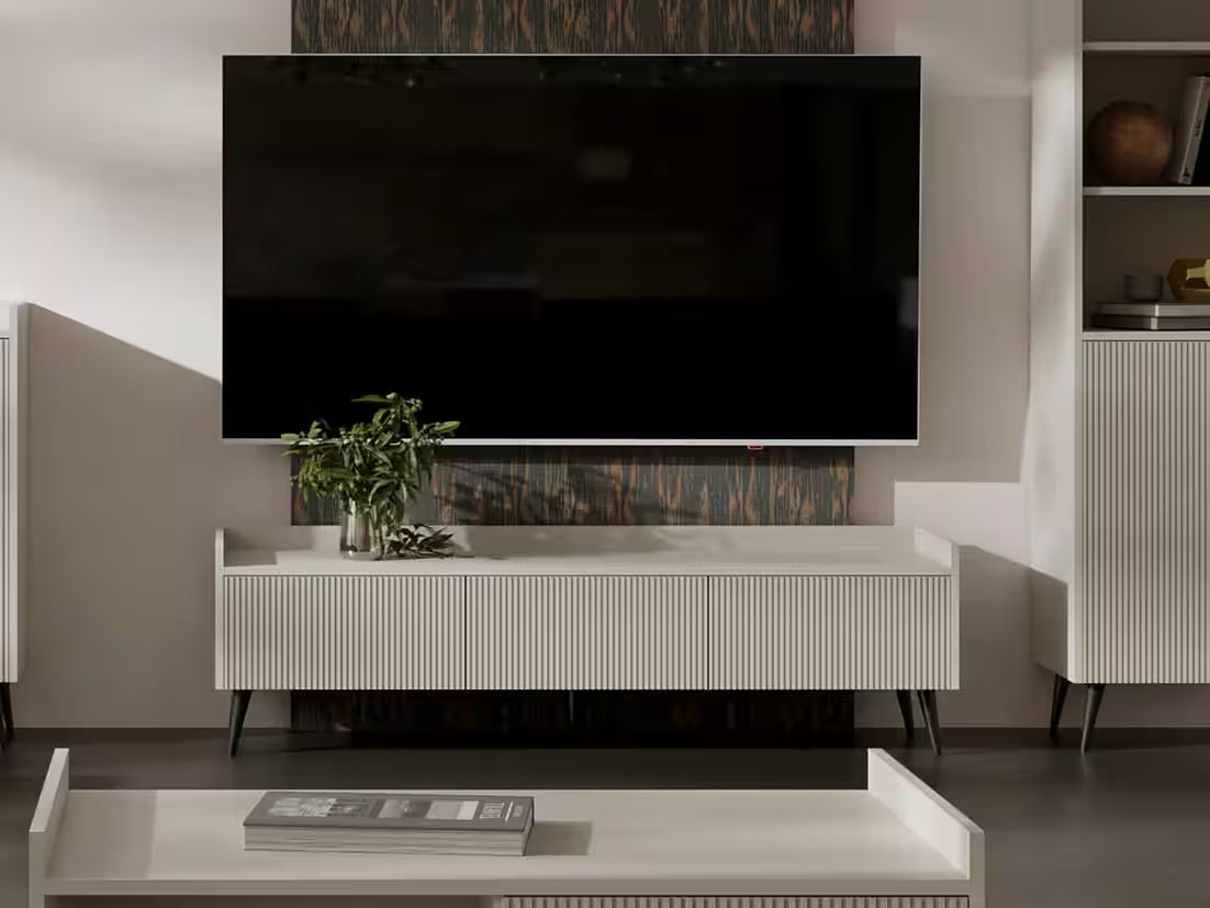 AVEN TV-Board 150 cm – Design Lowboard mit Lamellenfront (Kaschmir/Nussbaum)