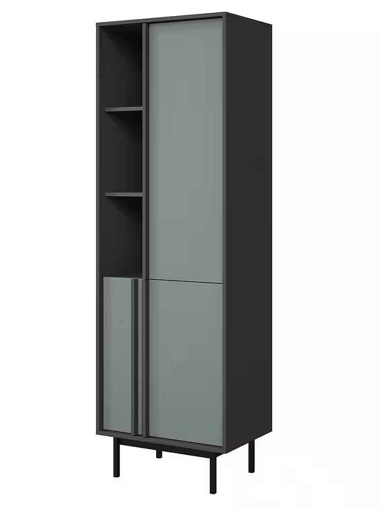 Alva Bücherregal schmal 63 cm – Modernes Standregal mit 3 Türen & Metallfüßen (Salbei)