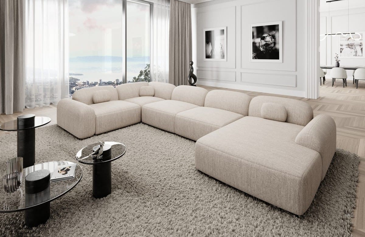 Sofa Wohnlandschaft in Struktur Beige, 328 cm Breite