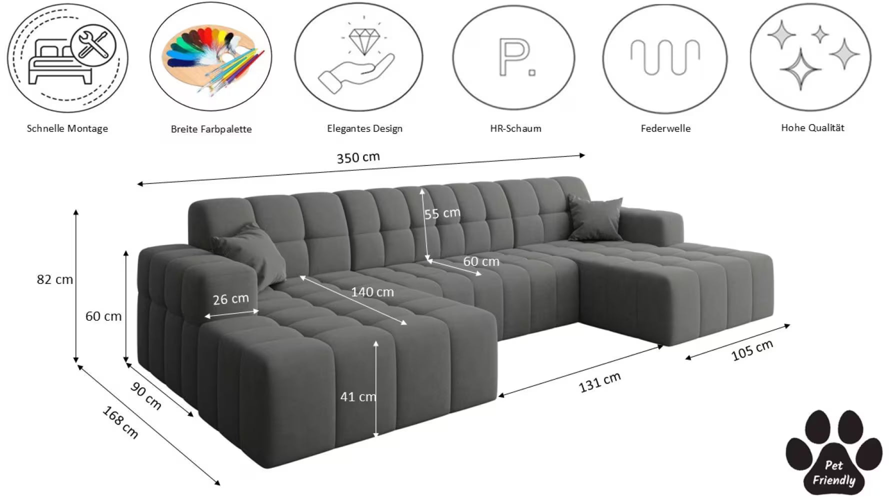 Sofa Wohnlandschaft Nimes in Veloursstoff, 350 cm Breite