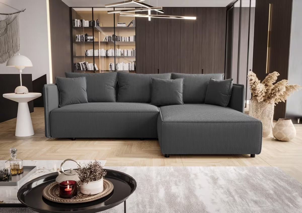 Ecksofa in Cord Anthrazit, 245 cm Breite
