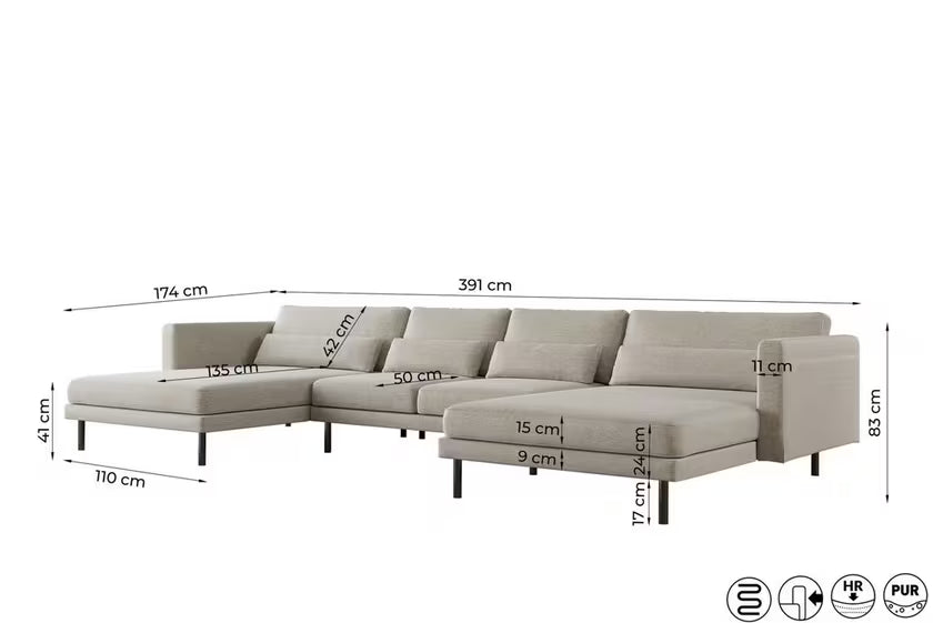 Sofa Wohnlandschaft Dani in Struktur, 391 cm Breite
