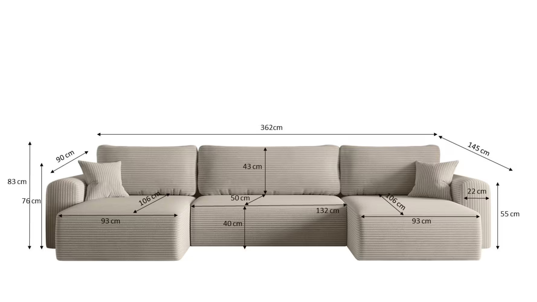 Sofa Wohnlandschaft Capri in Cord, 362 cm Breite