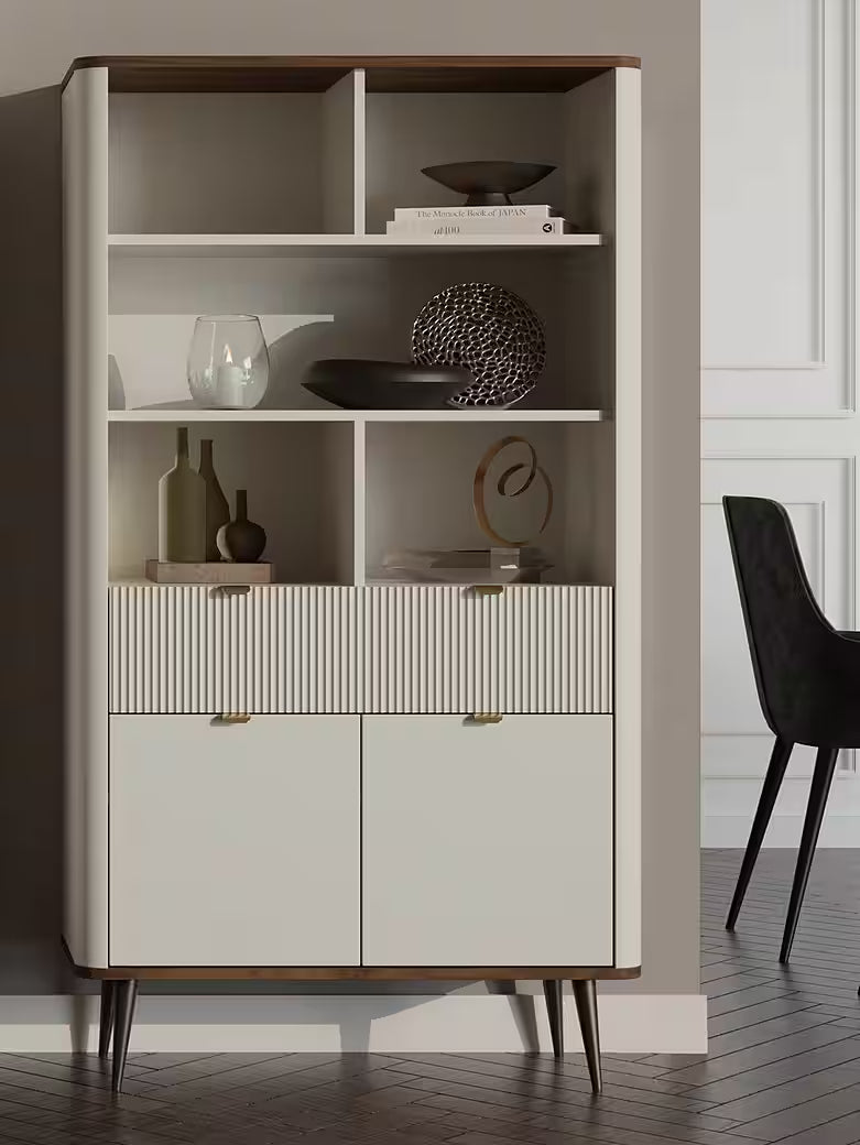 Mavi Bücherregal 90 cm – Design Regal mit Schublade & Metallgriffen (Kaschmir/Nussbaum)