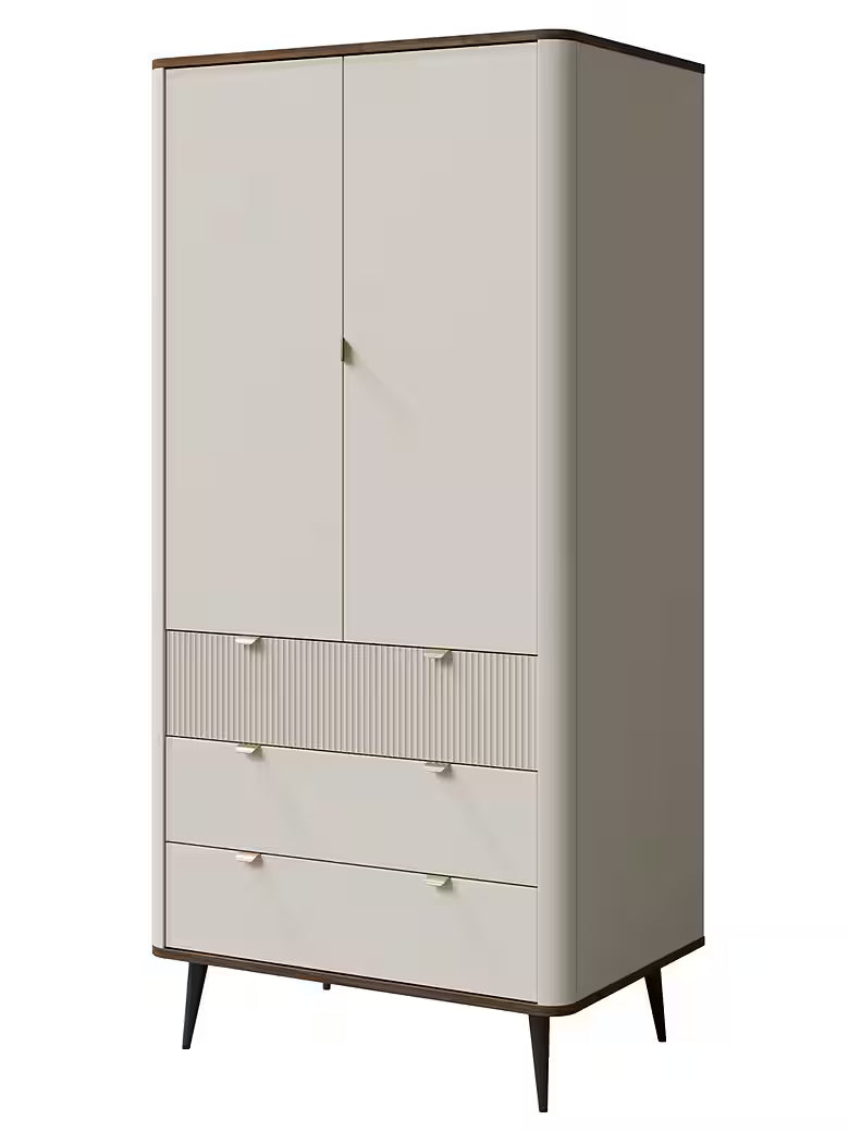 Mavi Kleiderschrank 2 Türen – Design Schrank mit 4 Schubladen & geriffelter Front (Kaschmir/Nussbaum)