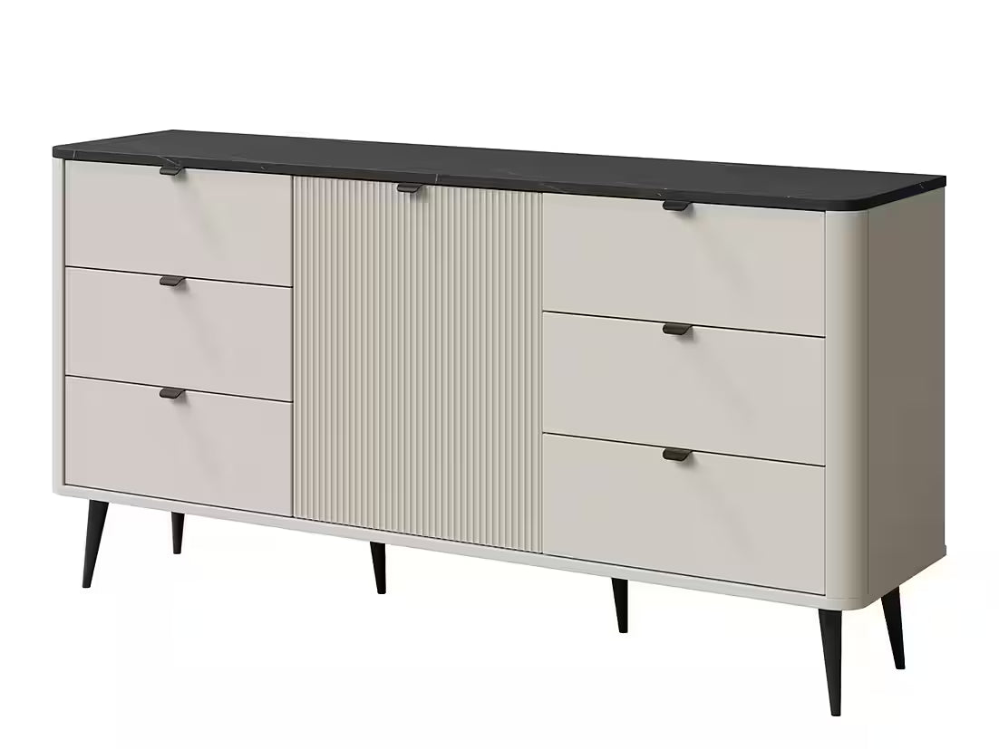 Mavi Kommode 160 cm – Design Kommode mit 6 Schubladen & geriffelter Front (Kaschmir/Graphit Marmor)