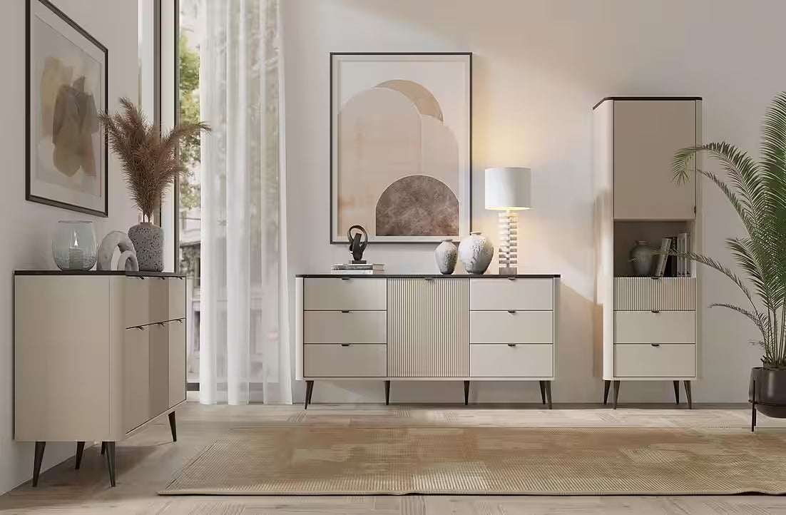 Mavi Kommode 160 cm – Design Sideboard mit Glastüren & Metallgriffen (Kaschmir/Graphit Marmor)