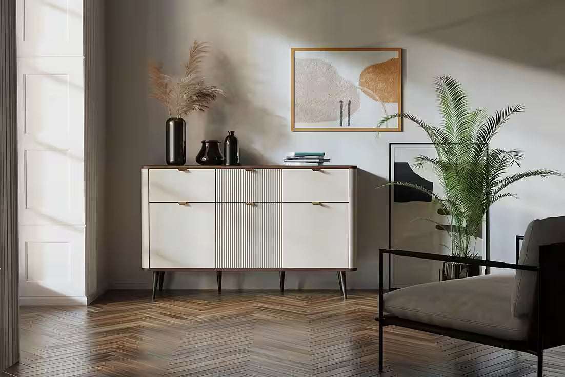 Mavi Kommode 90 cm – Design Sideboard mit 3 Schubladen & Metallgriffen (Kaschmir/Graphit Marmor)