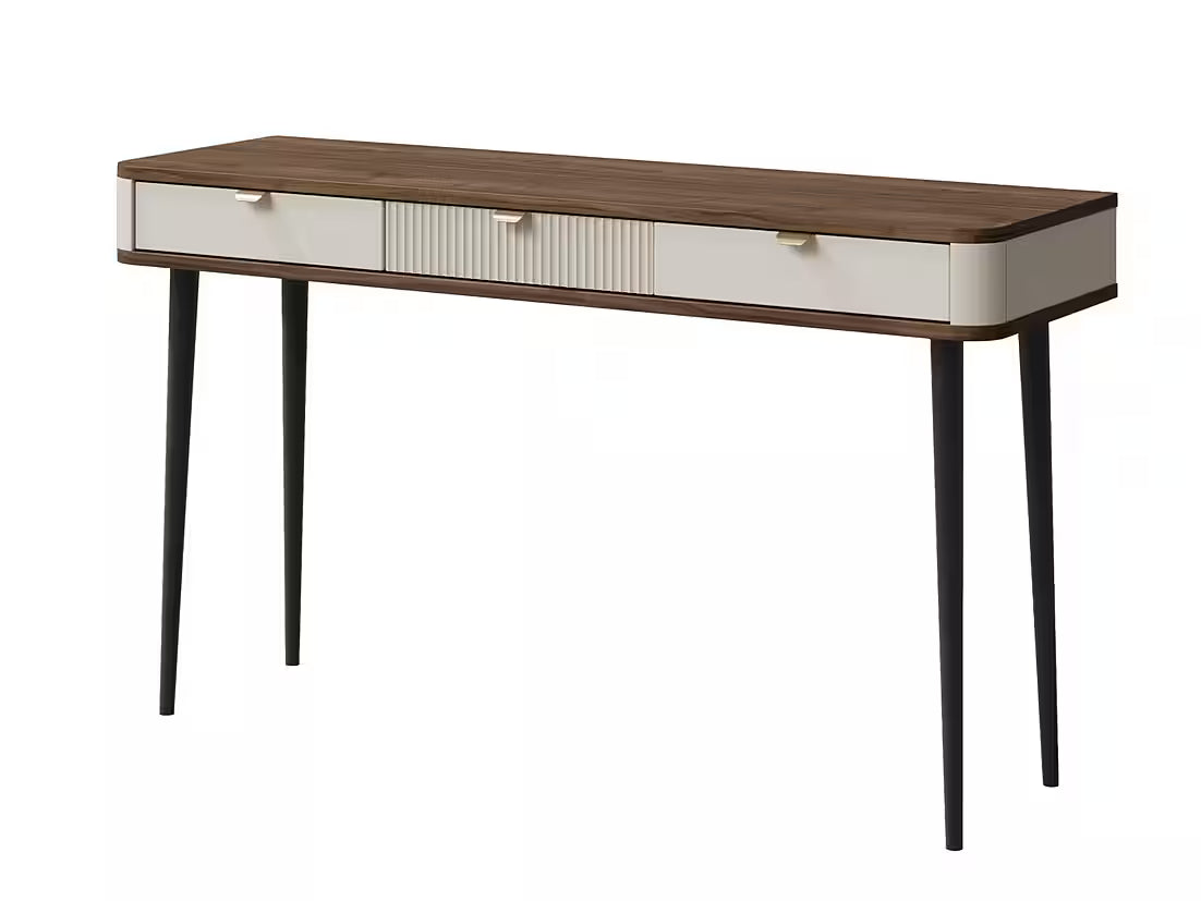 Mavi Schreibtisch 130 cm – Design Schreibtisch mit 3 Schubladen & Lamellenoptik (Kaschmir/Nussbaum)