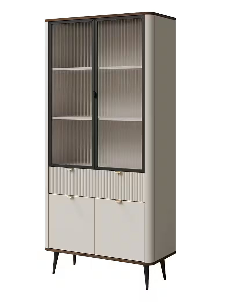 Mavi Standvitrine 90 cm – Design Vitrine mit Lamellen & Glas (Kaschmir/Nussbaum)