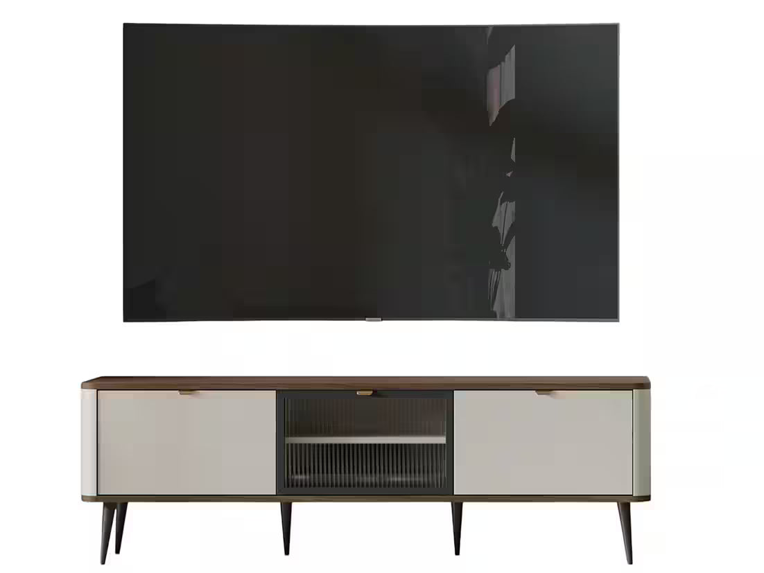 Mavi TV Lowboard 160 cm – Design TV-Schrank mit Glastüren & Metallfüßen (Kaschmir/Nussbaum)