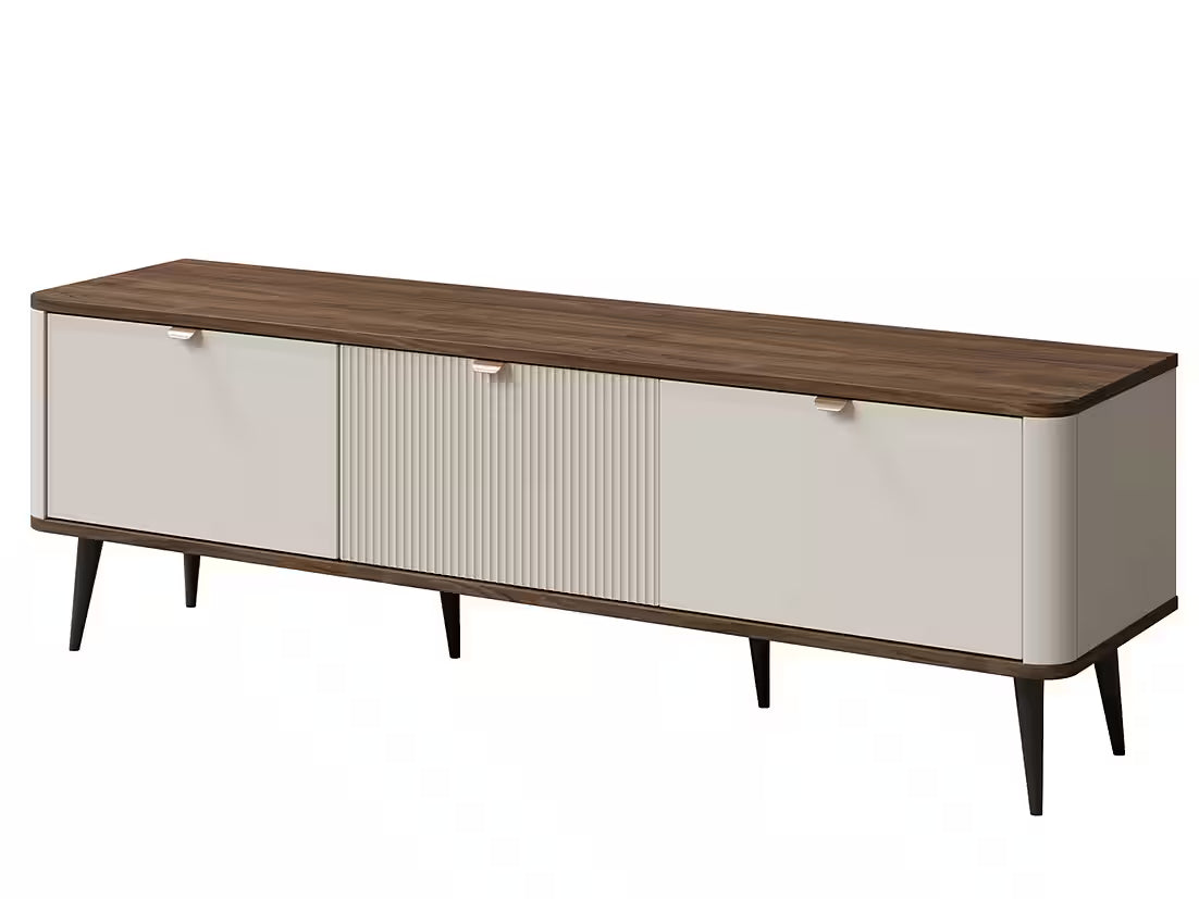 Mavi TV Lowboard 160 cm – Design TV-Schrank mit Lamellen & 3 Türen (Kaschmir/Nussbaum)