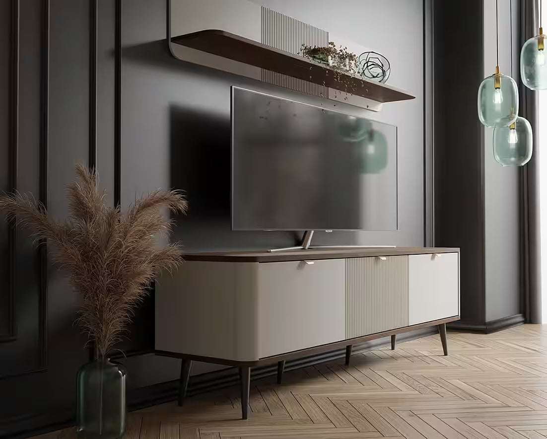Mavi TV Lowboard 160 cm – Design TV-Schrank mit Lamellen & 3 Türen (Kaschmir/Nussbaum)
