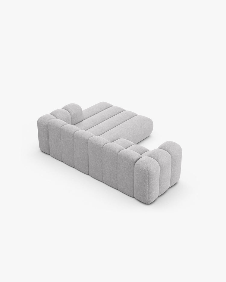 PolsterOase Modulsofa – Grandé Ecksofa 3-Sitzer in Bouclé, 230 cm Breite, Grau, Rechts – Detailansicht