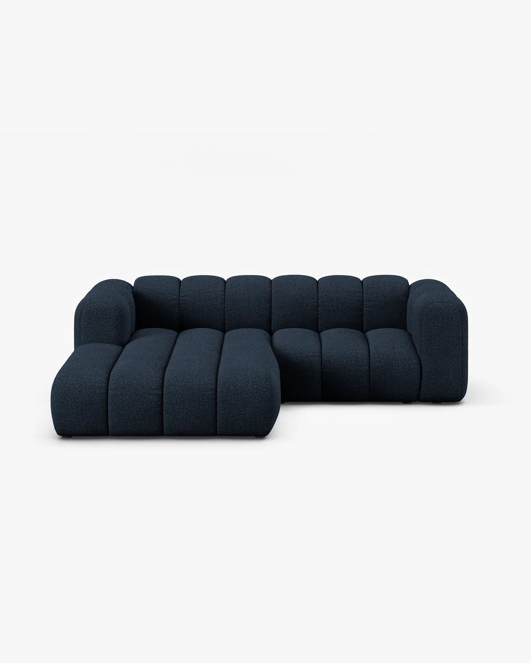 PolsterOase Modulsofa – Grandé Ecksofa 3-Sitzer in Bouclé, 230 cm Breite, Königsblau, Links – Frontalansicht