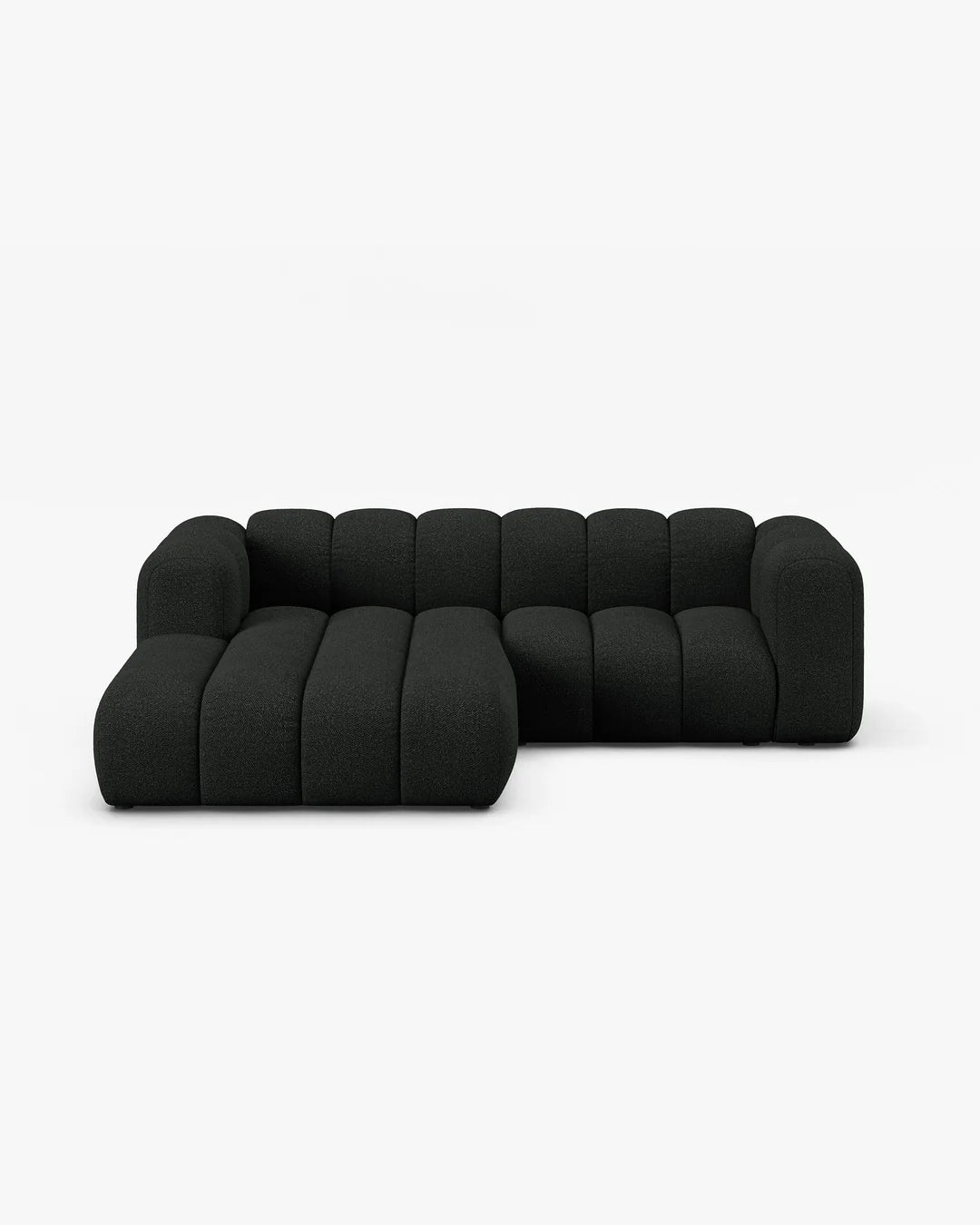 PolsterOase Modulsofa – Grandé Ecksofa 3-Sitzer in Bouclé, 230 cm Breite, Schwarz, Links – Frontalansicht