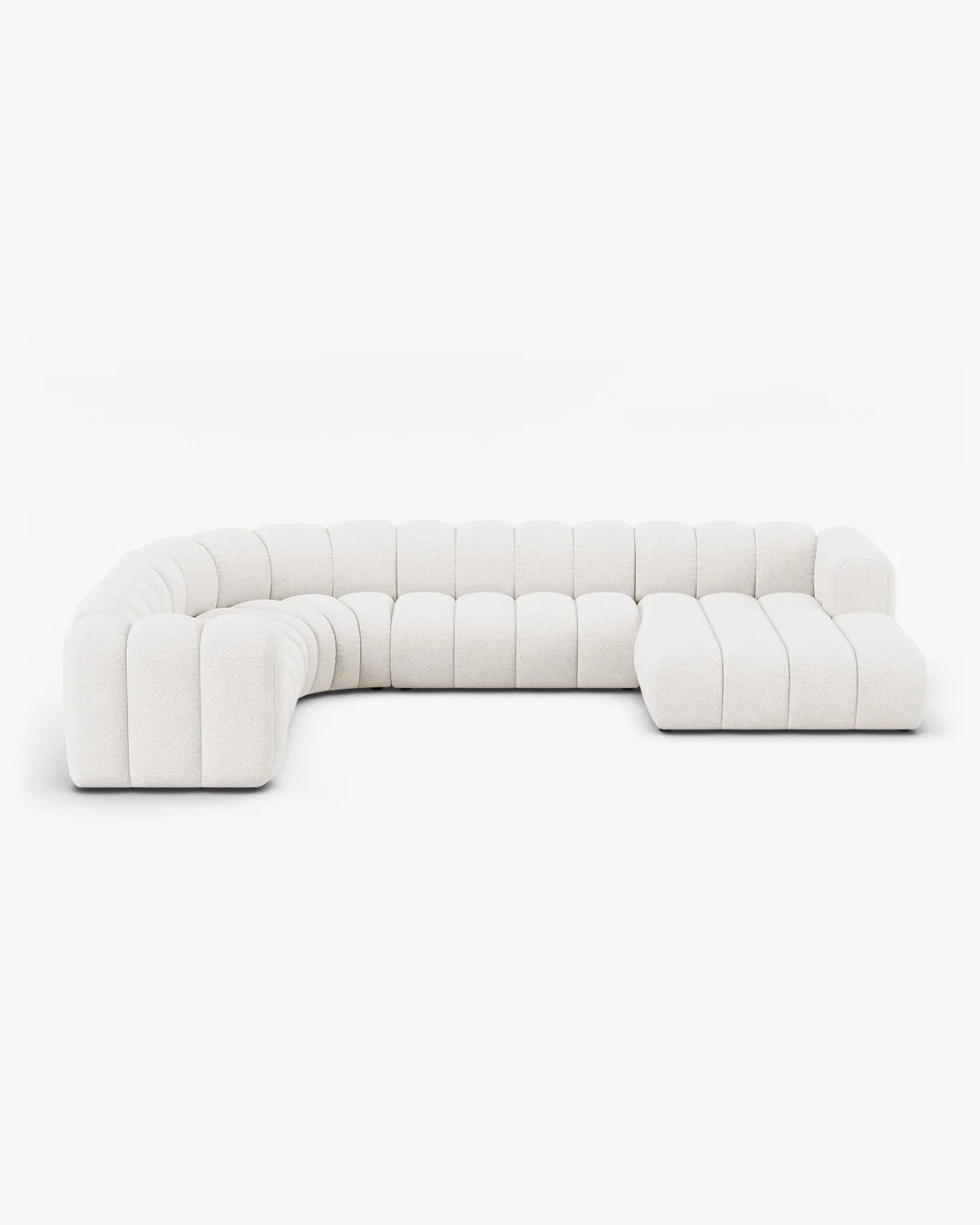 PolsterOase Modulsofa – Grandé Wohnlandschaft 6-Sitzer in Bouclé, 370 cm Breite, Weiß, Links – Frontalansicht