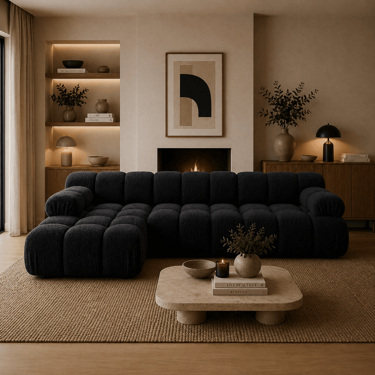PolsterOase Modulsofa – Selene Ecksofa 3-Sitzer XL in Bouclé, 285 x 160 cm, Schwarz, Links – Frontalansicht