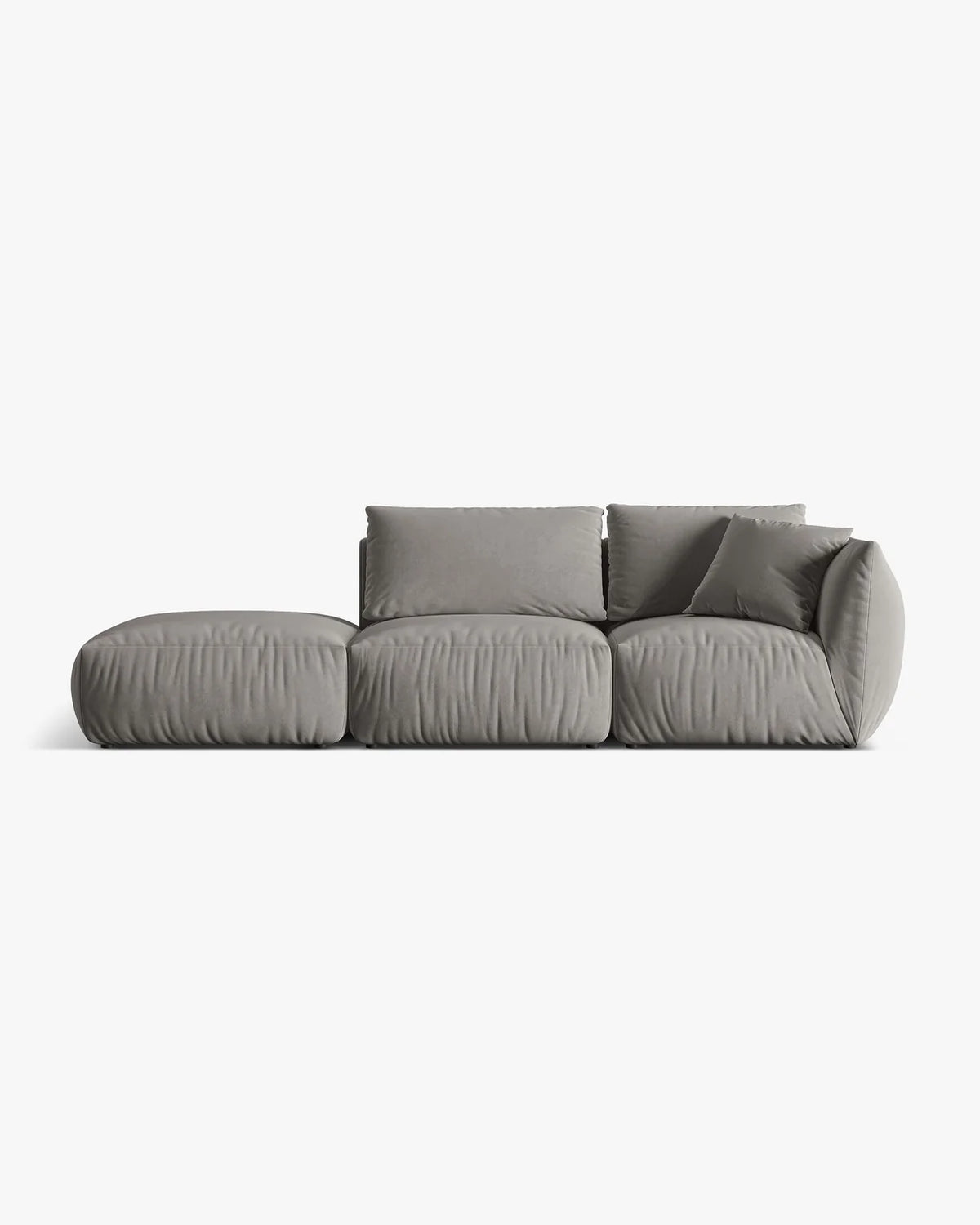 PolsterOase Sofa – BONO Modulsofa 3-Sitzer mit Récamiere in Samt, 295 cm, Grau, Links – Frontalansicht