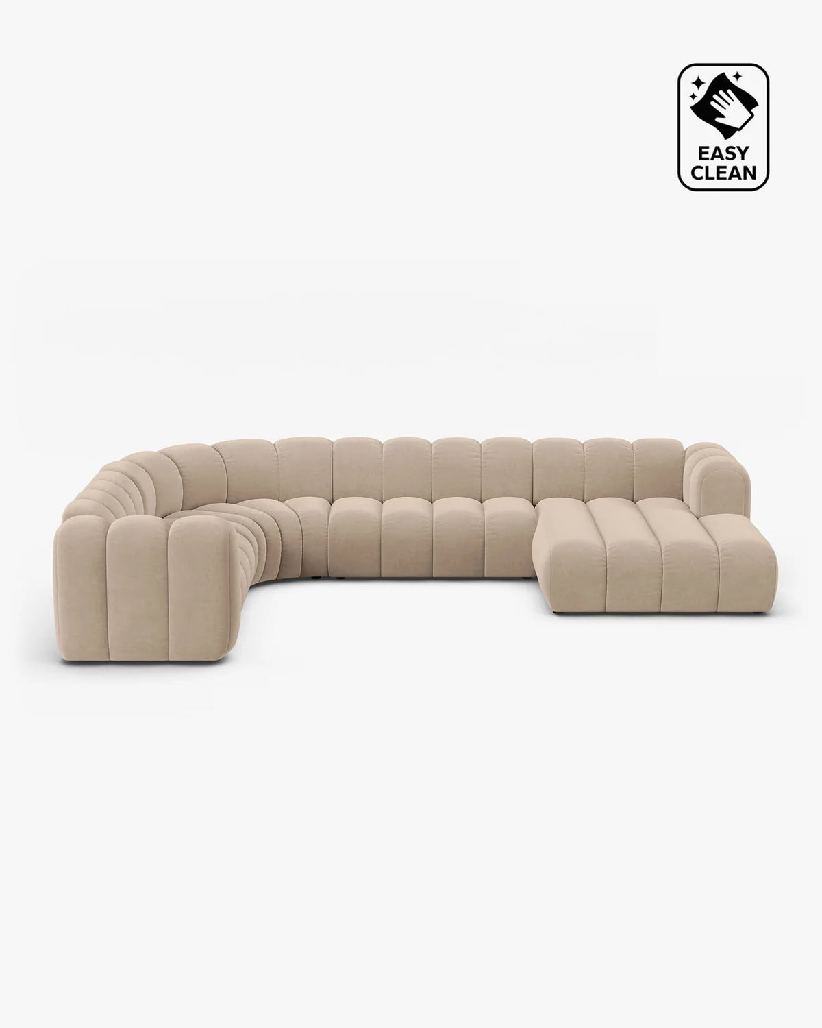 PolsterOase Sofa – Grandé Wohnlandschaft 6-Sitzer in Samt, 370 cm Breite, Beige, Links – Frontalansicht