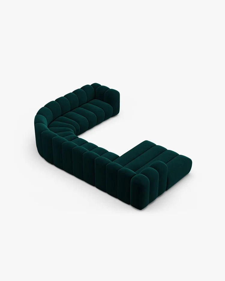 PolsterOase Sofa – Grandé Wohnlandschaft 6-Sitzer in Samt, 370 cm Breite, Deep Petrol, Rechts – Detailansicht