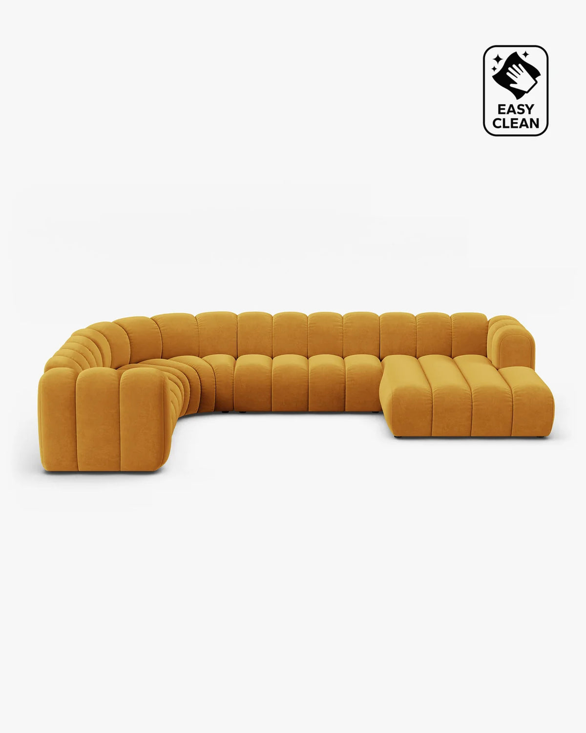 PolsterOase Sofa – Grandé Wohnlandschaft 6-Sitzer in Samt, 370 cm Breite, Gelb, Links – Frontalansicht