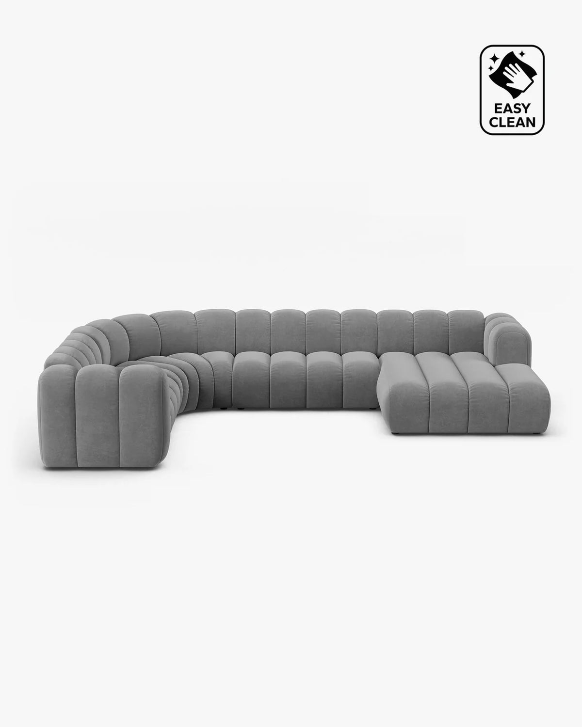 PolsterOase Sofa – Grandé Wohnlandschaft 6-Sitzer in Samt, 370 cm Breite, Hellgrau, Links – Frontalansicht