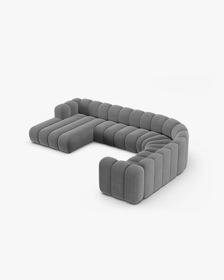 PolsterOase Sofa – Grandé Wohnlandschaft 6-Sitzer in Samt, 370 cm Breite, Hellgrau, Rechts – Perspektivische Ansicht