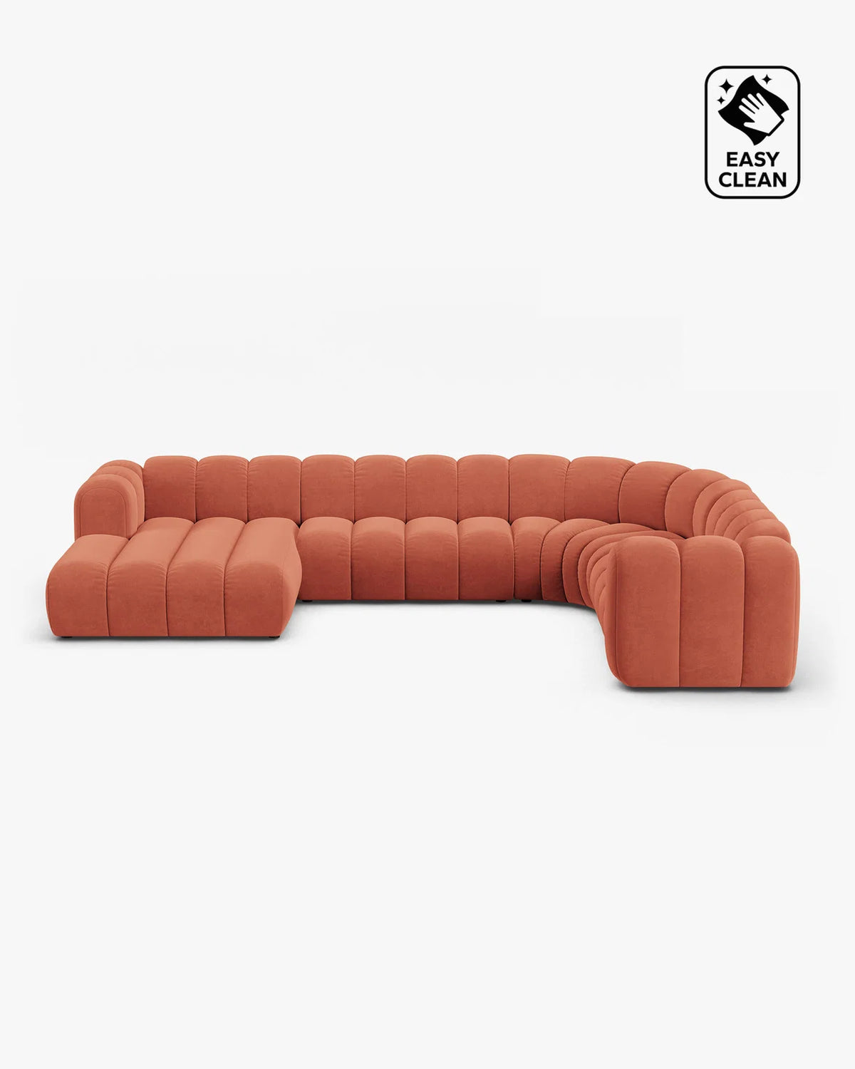 PolsterOase Sofa – Grandé Wohnlandschaft 6-Sitzer in Samt, 370 cm Breite, Koralle, Rechts – Frontalansicht