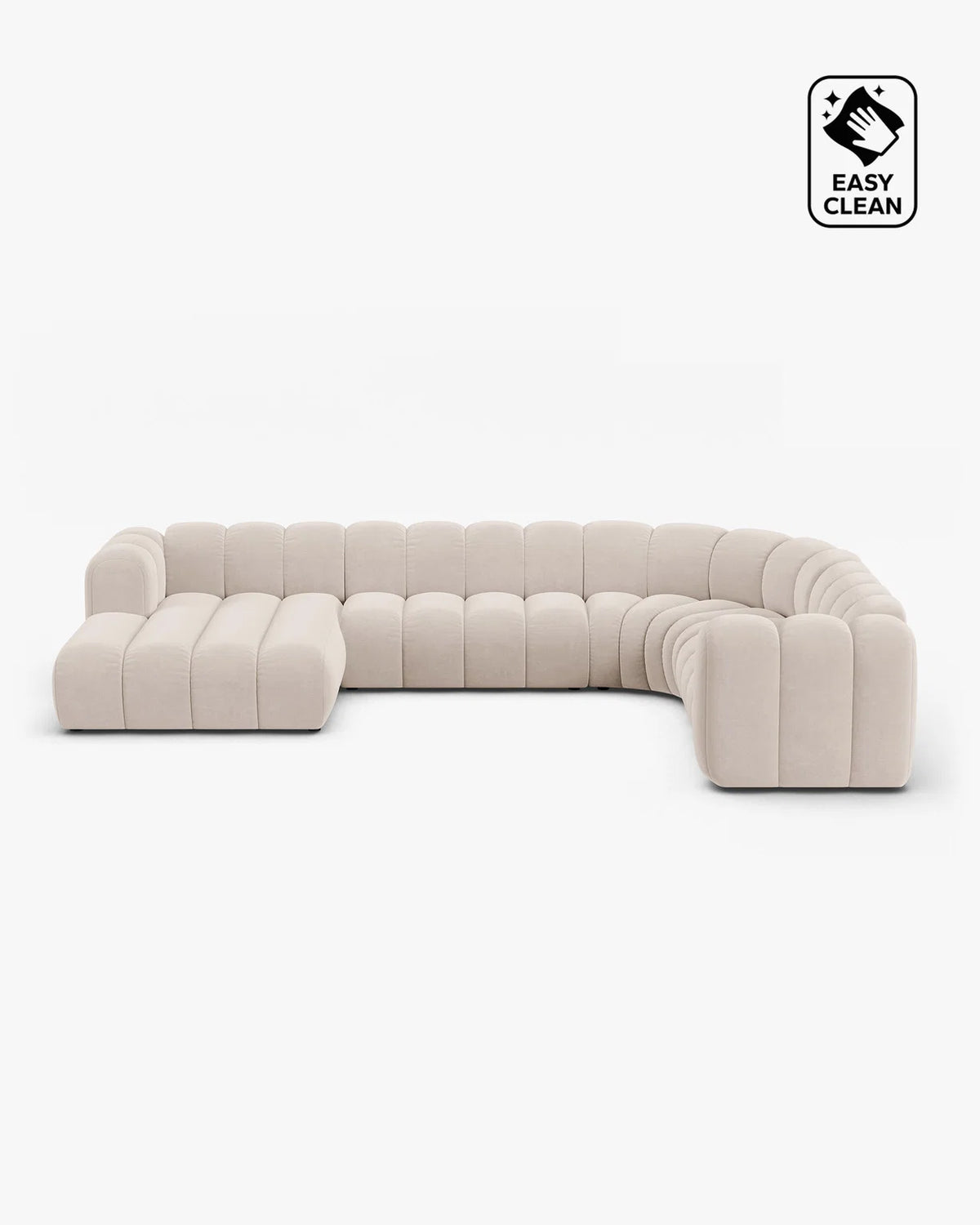 PolsterOase Sofa – Grandé Wohnlandschaft 6-Sitzer in Samt, 370 cm Breite, Leichtes beige, Rechts – Frontalansicht