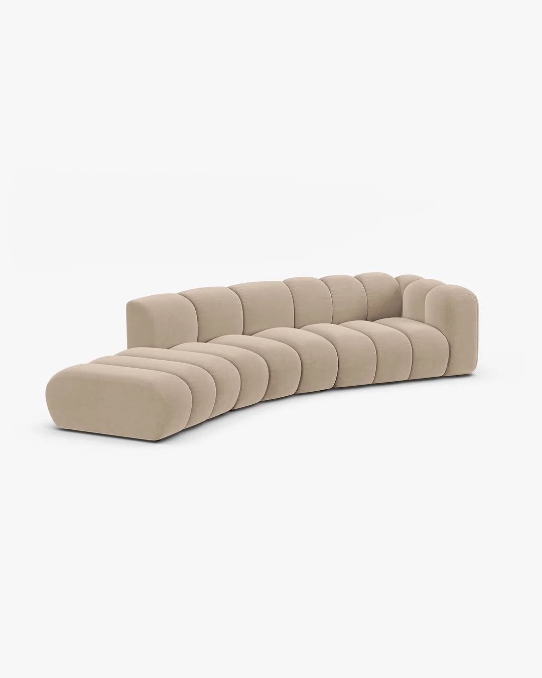 PolsterOase Sofa – Grandé offenes rundes Sofa 5-Sitzer in Samt, 335 cm Breite, Beige, Links – Seitenansicht