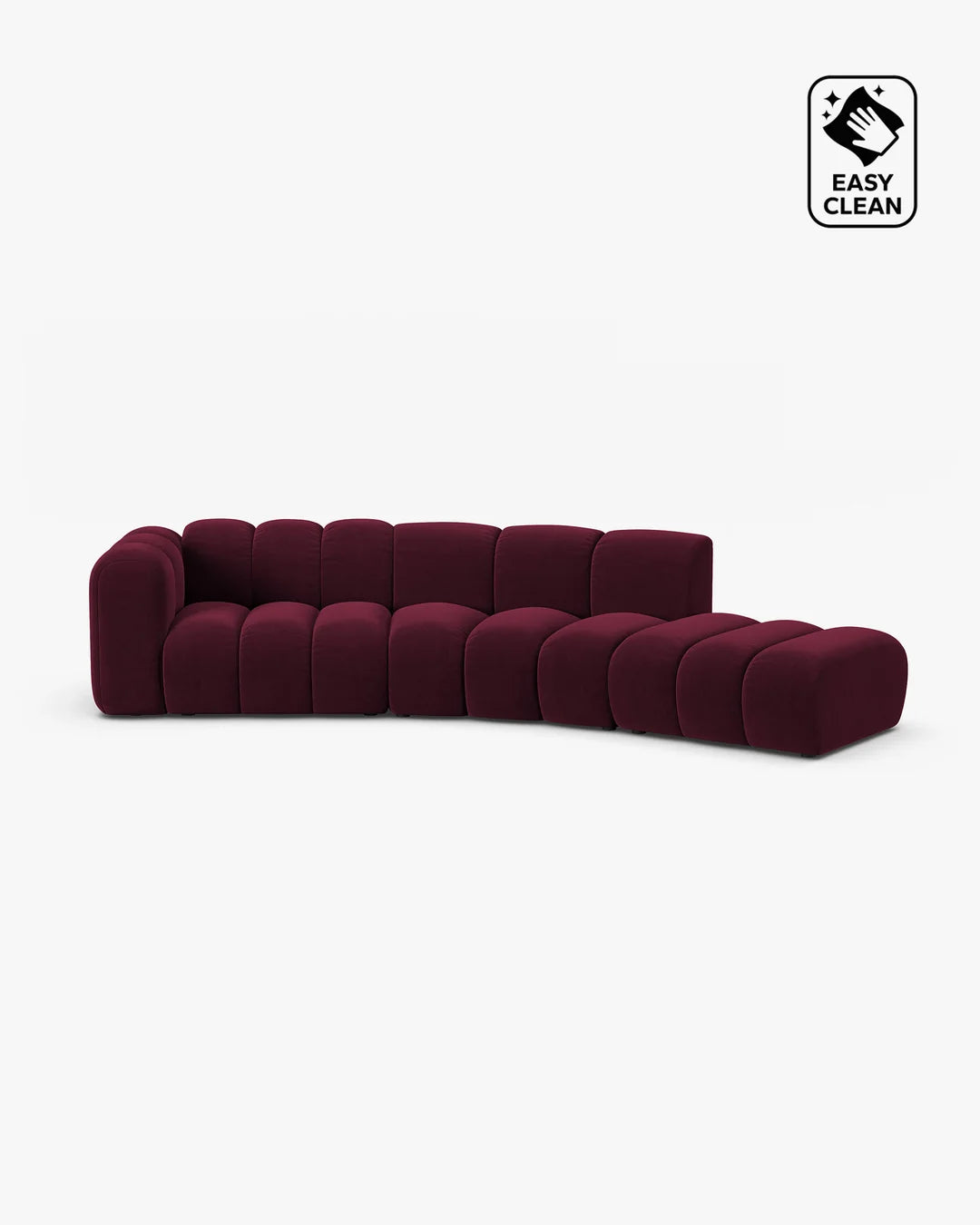 PolsterOase Sofa – Grandé offenes rundes Sofa 5-Sitzer in Samt, 335 cm Breite, Burgund, Rechts – Frontalansicht