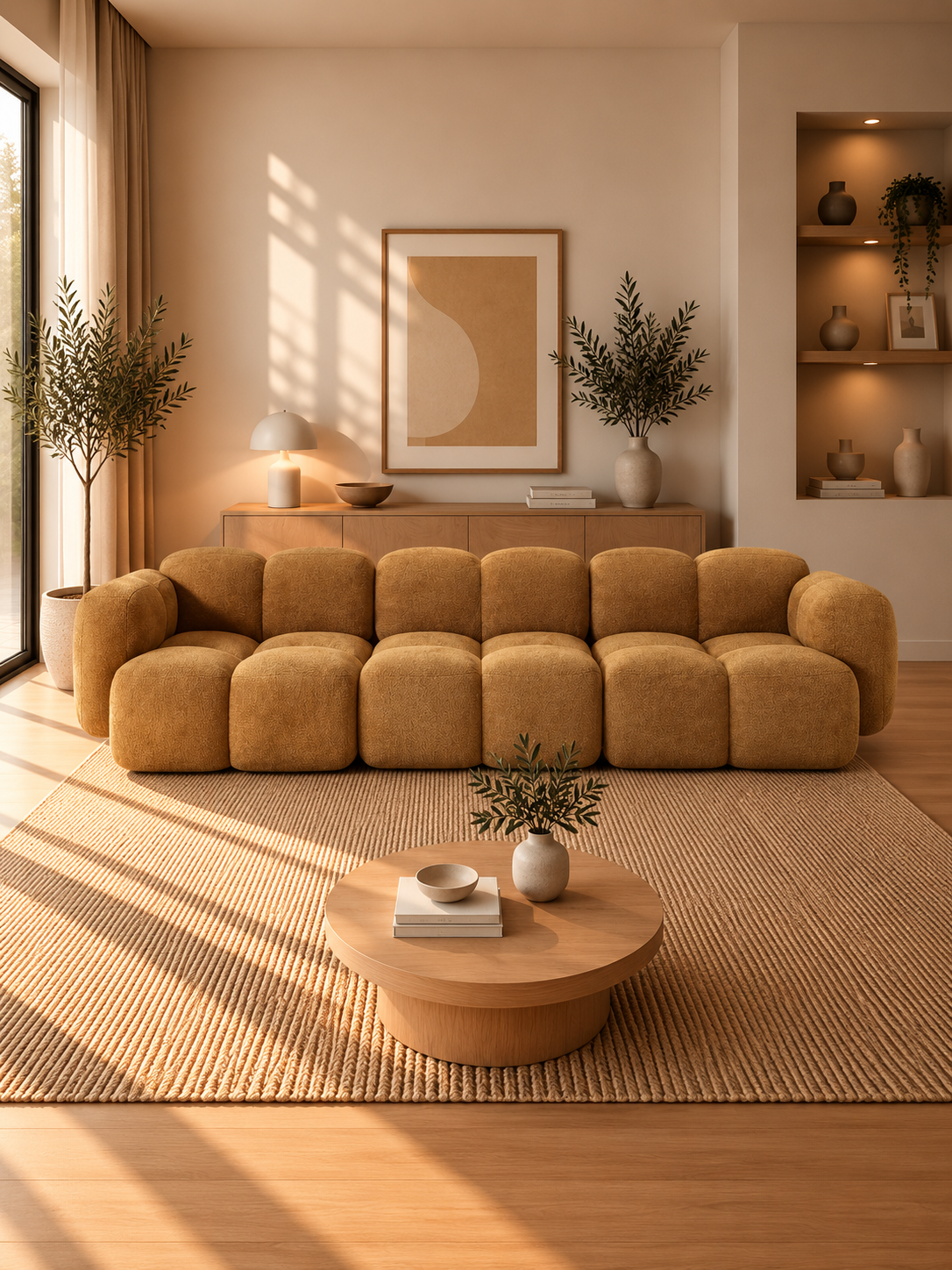 PolsterOase Sofa – Luno Modulsofa 3-Sitzer in Bouclé, 305 cm Breite, Gold – zusätzliche Ansicht