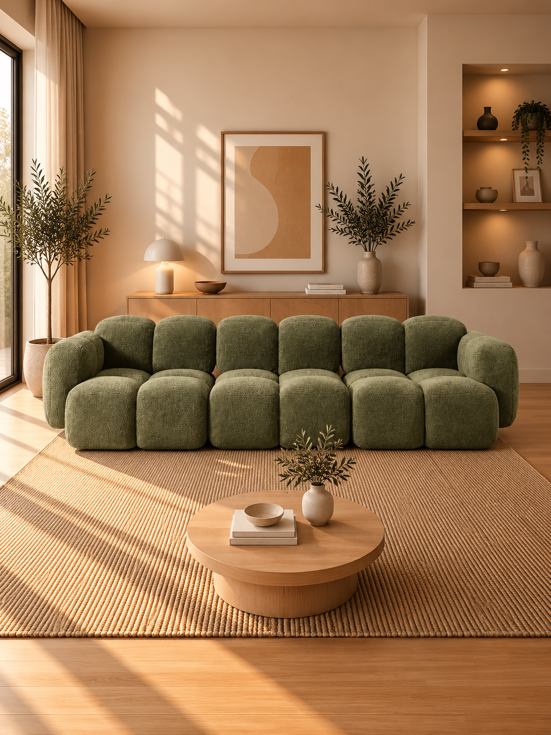 PolsterOase Sofa – Luno Modulsofa 3-Sitzer in Bouclé, 305 cm Breite, Grün – zusätzliche Ansicht