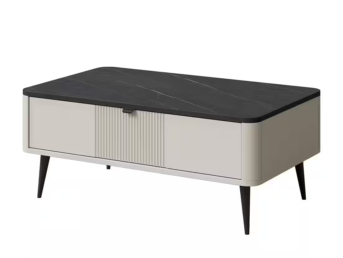 PolsterOase Tisch – Mavi 100 cm – Design Couchtisch mit Schublade & Lamellenoptik (Kaschmir/Graphit Marmor) – Ansicht 01