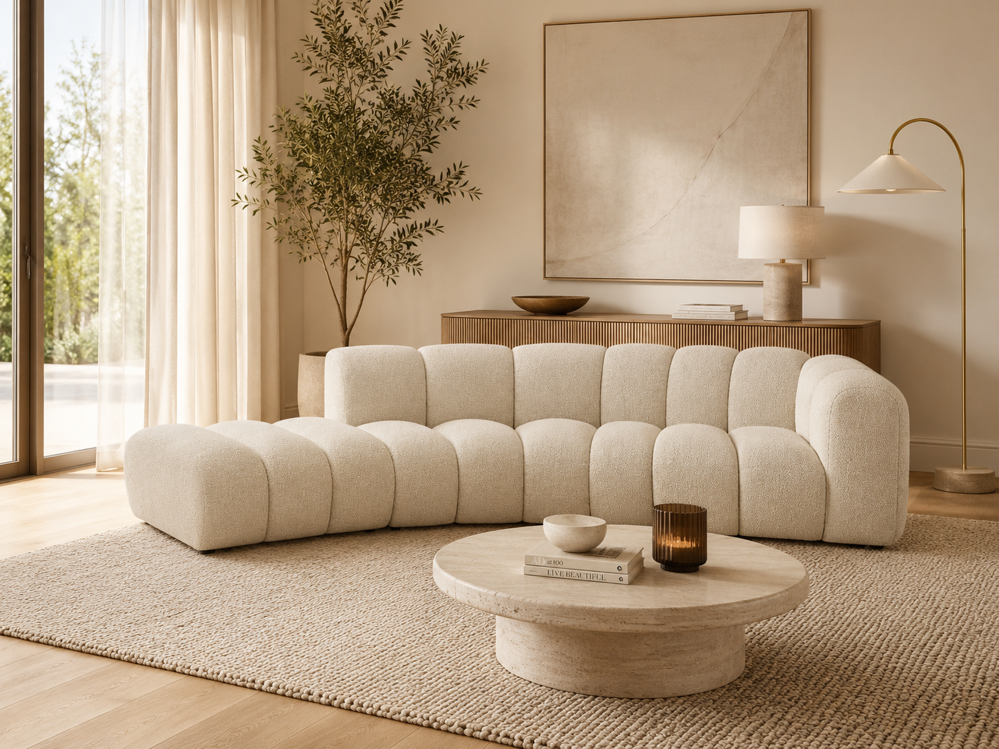 PolsterOase Grandé abgerundet Sofa (links) in Bouclé, 335 cm Breite - Modulsofa -01 #Variant_Beige