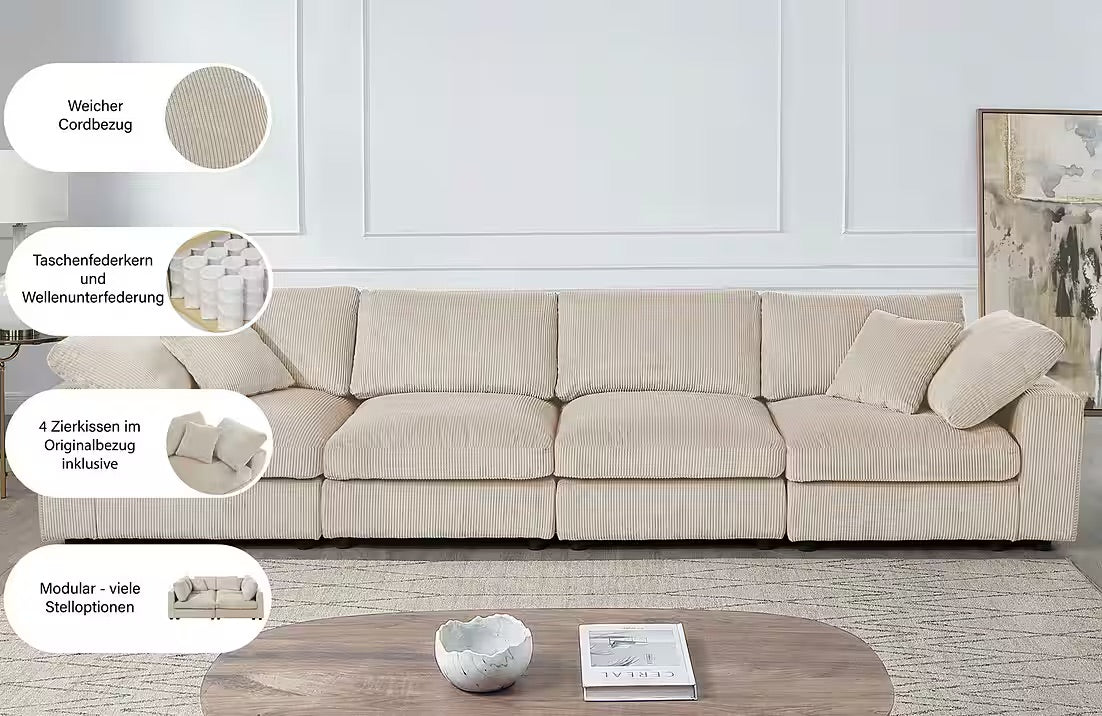 PolsterOase Sofa Modulsofa in Cord, 352 cm Breite -7