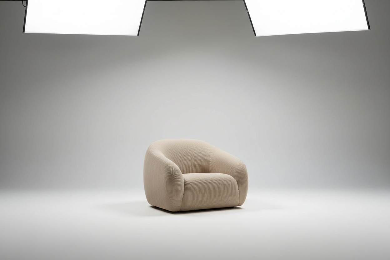 A modern editorial-style photograph of a large designer armchair in a minimalist studio. The sofa has a smooth, rounded shape and is upholstered in beige textured fabric. Soft neutral background, high-fashion atmosphere, balanced composition, soft studio lighting, ultra-clean aesthetic, high resolution.