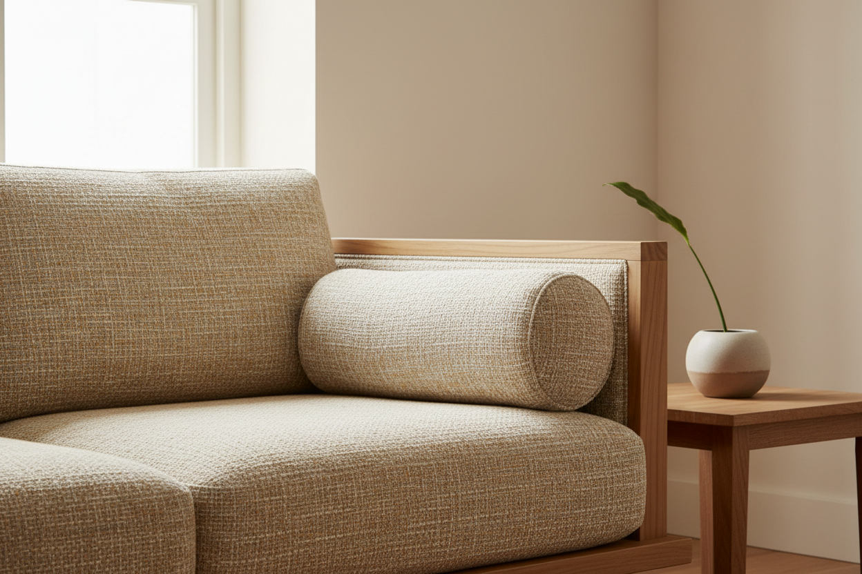 Close-up interior scene of a fabric sofa corner, visible woven texture, warm neutral colors, natural wood details, soft diffused light, minimal decor, calm and refined atmosphere, editorial interior photography, photorealistic