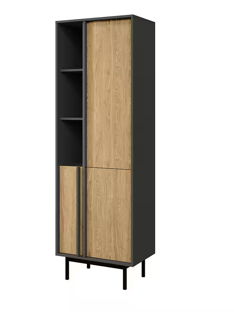 Alva 63 cm – Modernes Standregal mit 3 Türen & Metallfüßen (Eiche)