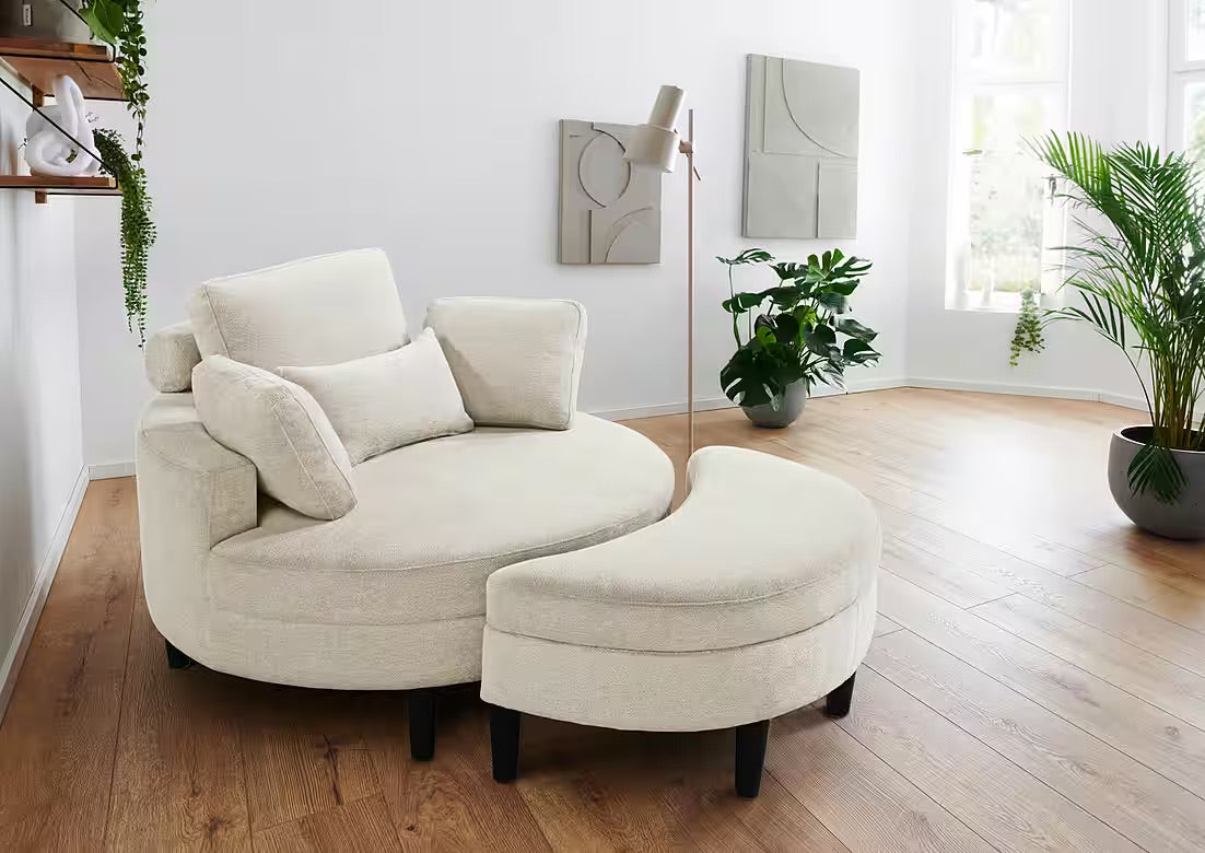 Loveseat / Sessel in Struktur Beige mit Stauraumhocker
