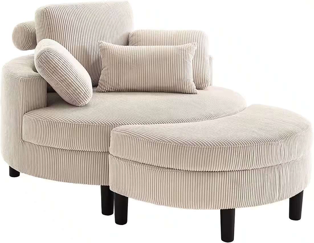 Loveseat / Sessel in Cord Creme / Beige mit Stauraumhocker
